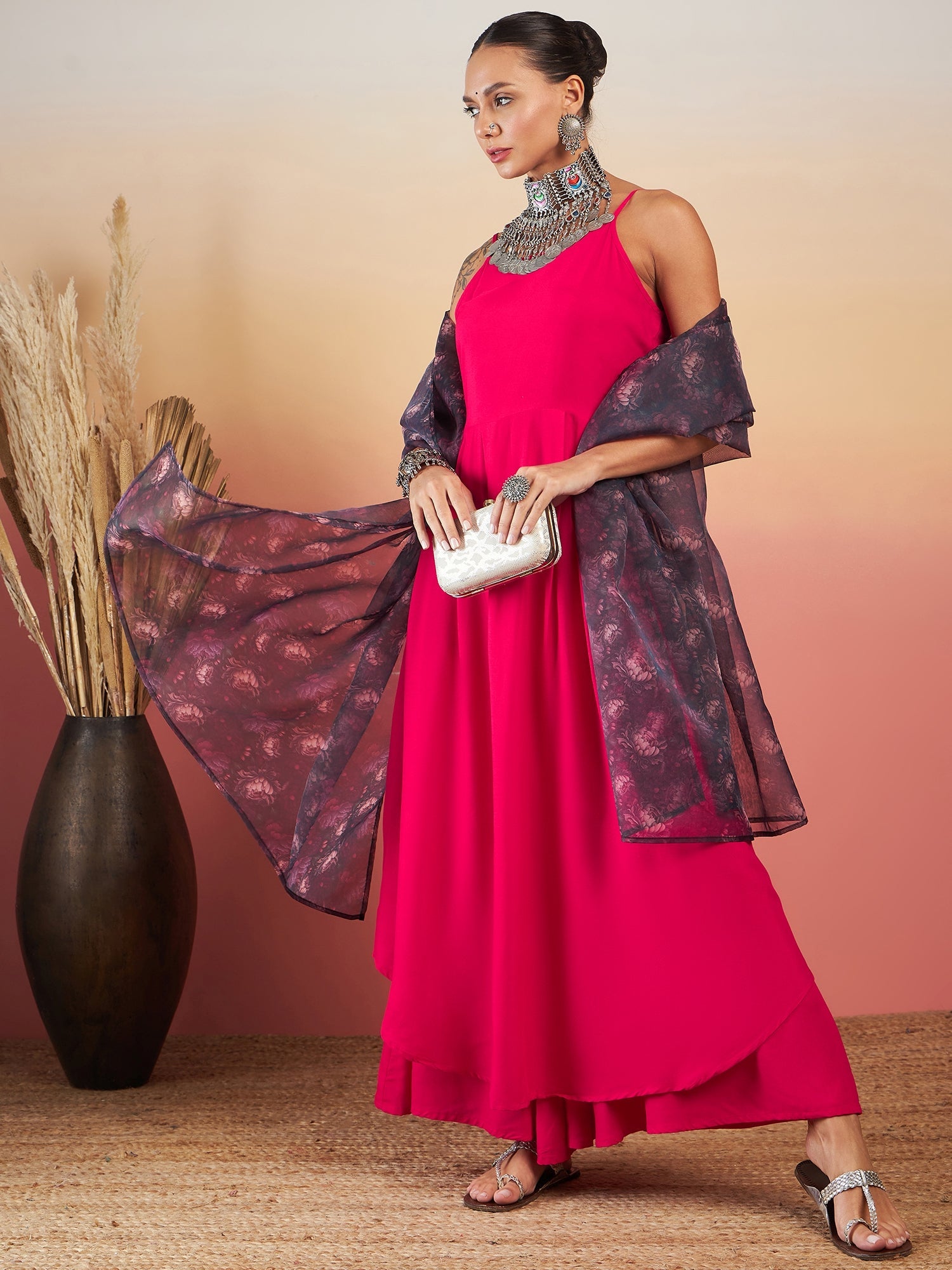 InWeave Fuchsia Strappy W Black Dark Floral Print Or Dupatta Set - Distacart