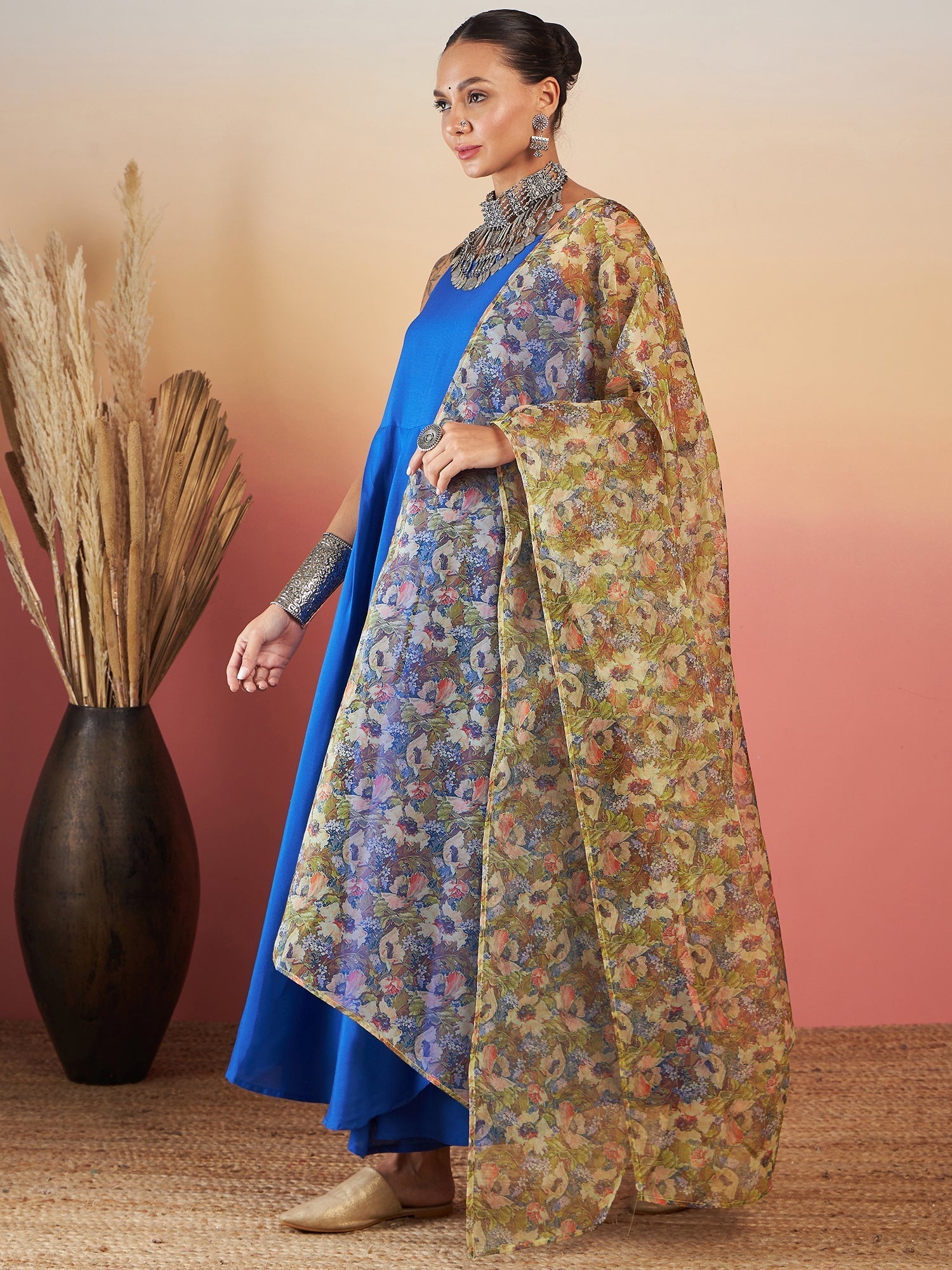 InWeave Ink Blue Strappy W Olive Liberty Print Organza Dupatta Set - Distacart