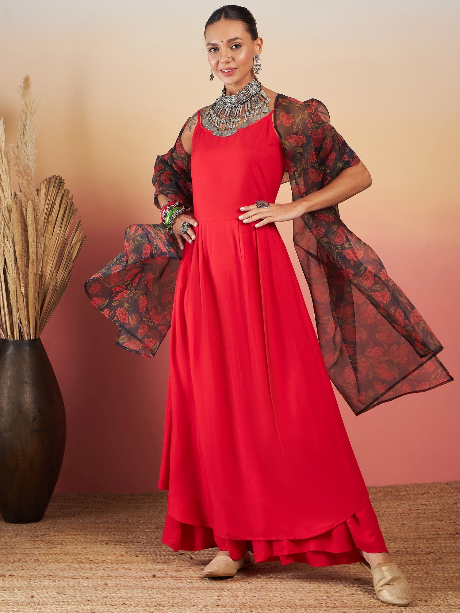InWeave Red Strappy W Black Orange Floral Print Or Dupatta Set - Distacart