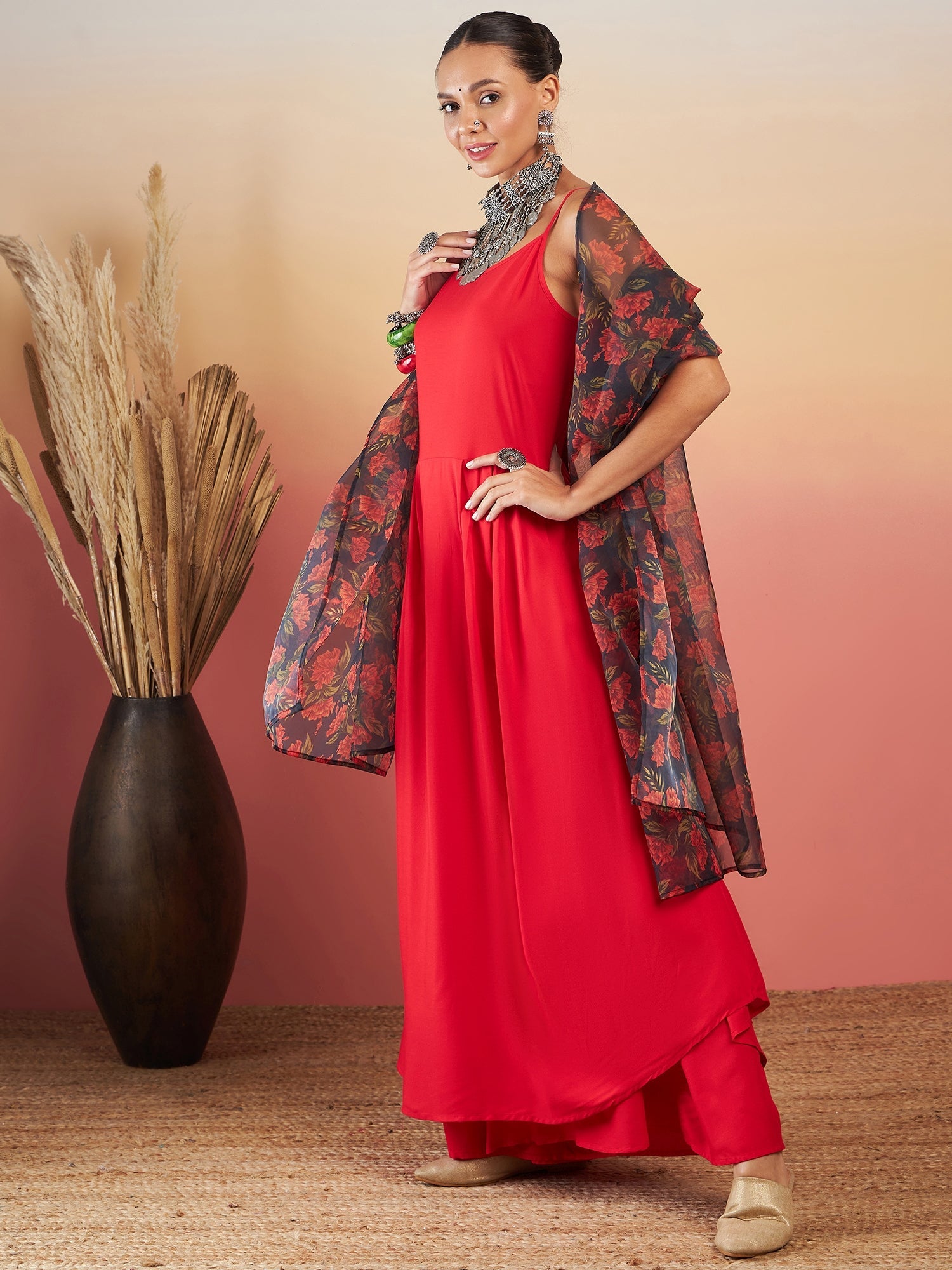 InWeave Red Strappy W Black Orange Floral Print Or Dupatta Set - Distacart