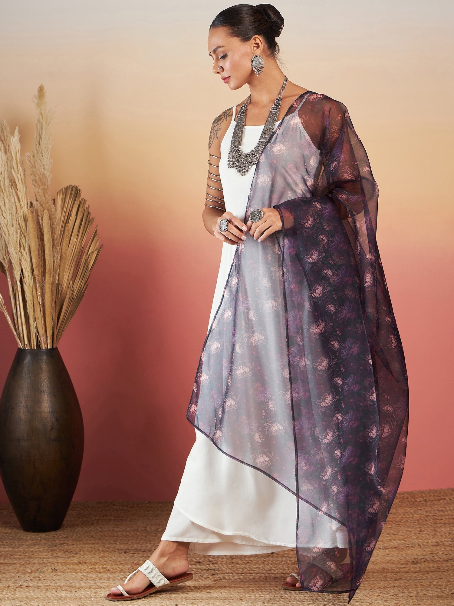 InWeave White Strappy W Black Dark Floral Print Or Dupatta Set - Distacart