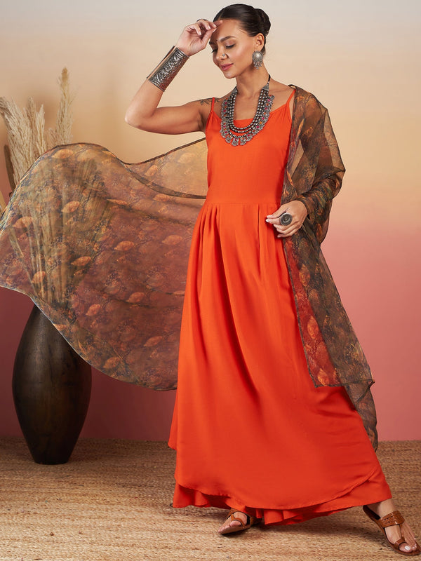 InWeave Orange Strappy W Dark Brown Leaf Print Or Dupatta Set