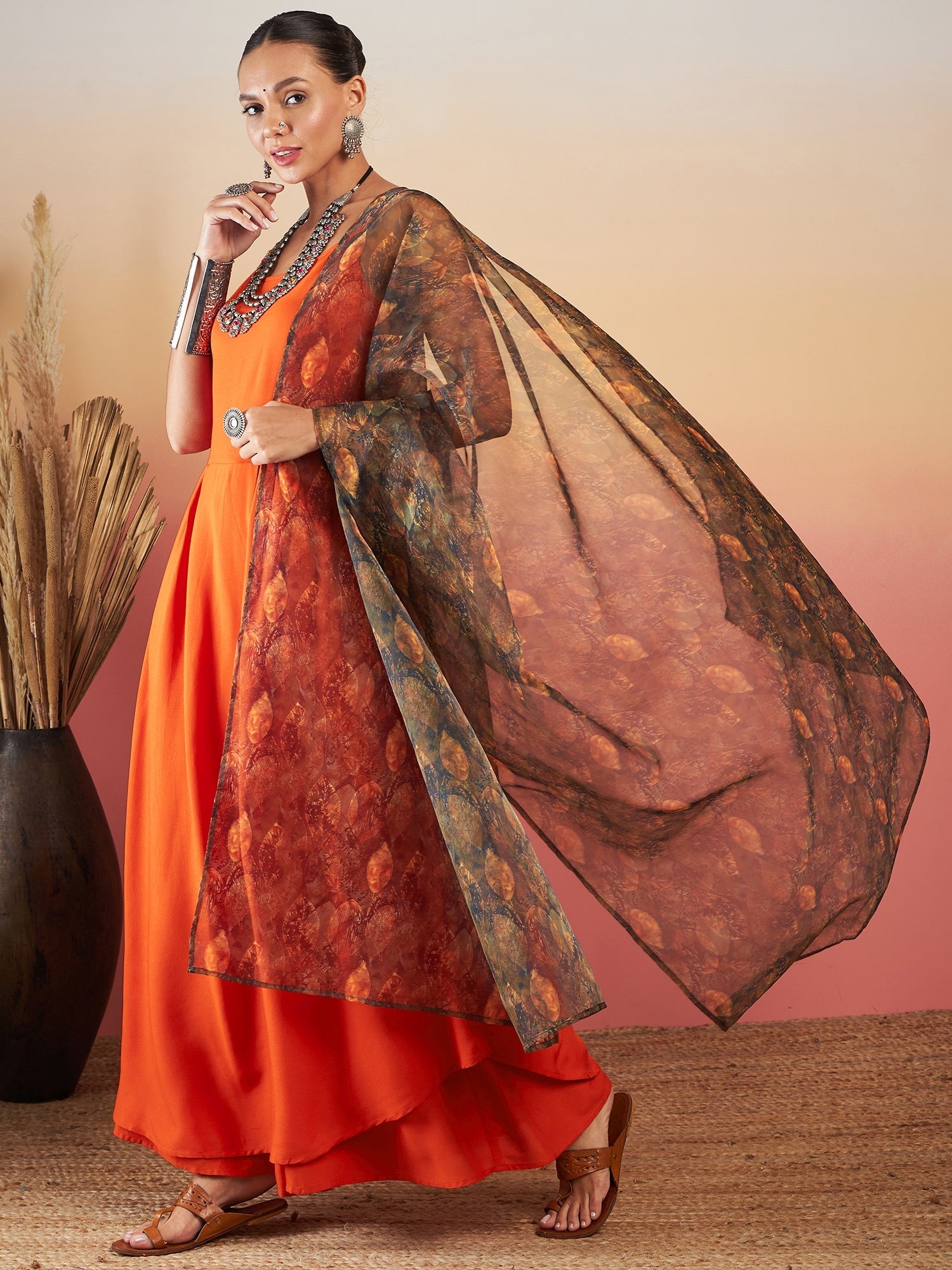InWeave Orange Strappy W Dark Brown Leaf Print Or Dupatta Set - Distacart