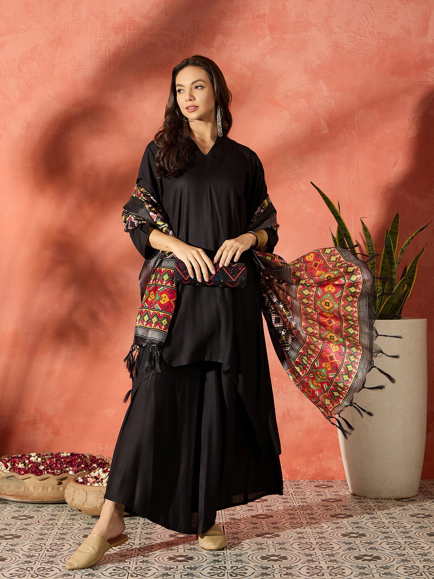 InWeave Black Mandarin Patola Kurta Set - Distacart