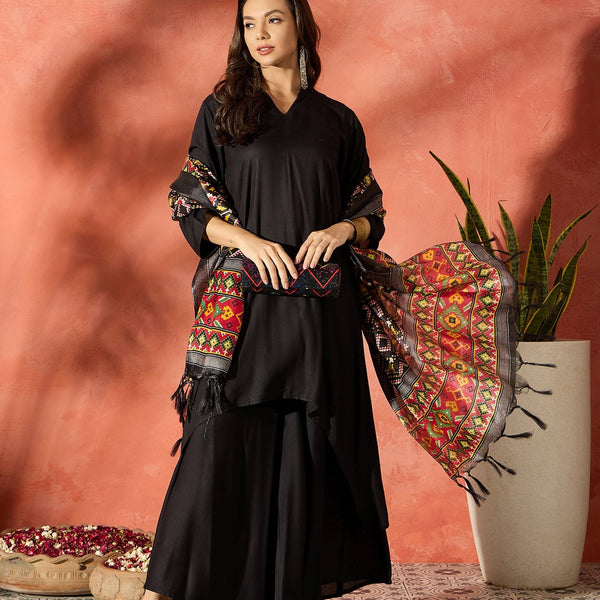InWeave Black Mandarin Patola Kurta Set - Distacart