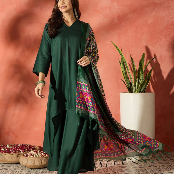 InWeave Dark Green Mandarin Patola Kurta Set - Distacart