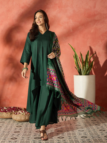 InWeave Dark Green Mandarin Patola Kurta Set - Distacart