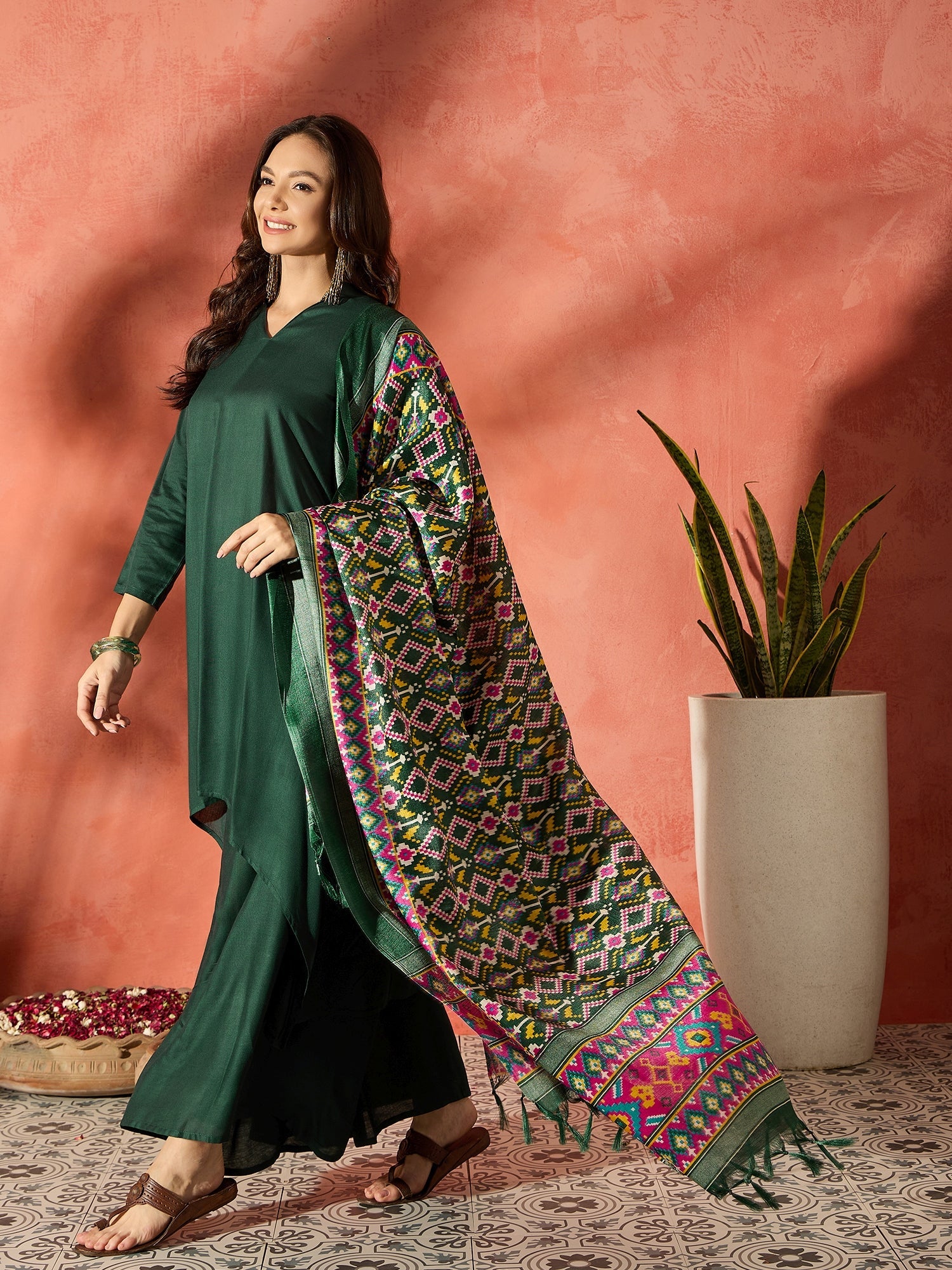 InWeave Dark Green Mandarin Patola Kurta Set - Distacart