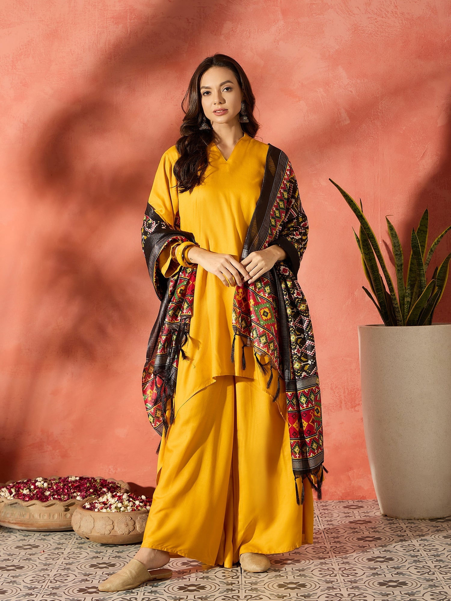 InWeave Mustard Mandarin Patola Kurta Set - Distacart