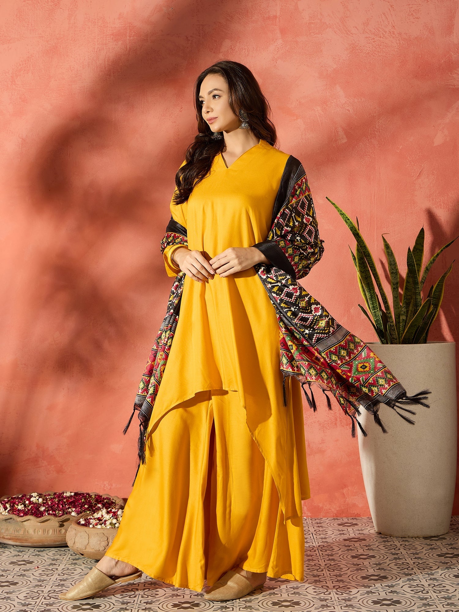 InWeave Mustard Mandarin Patola Kurta Set - Distacart