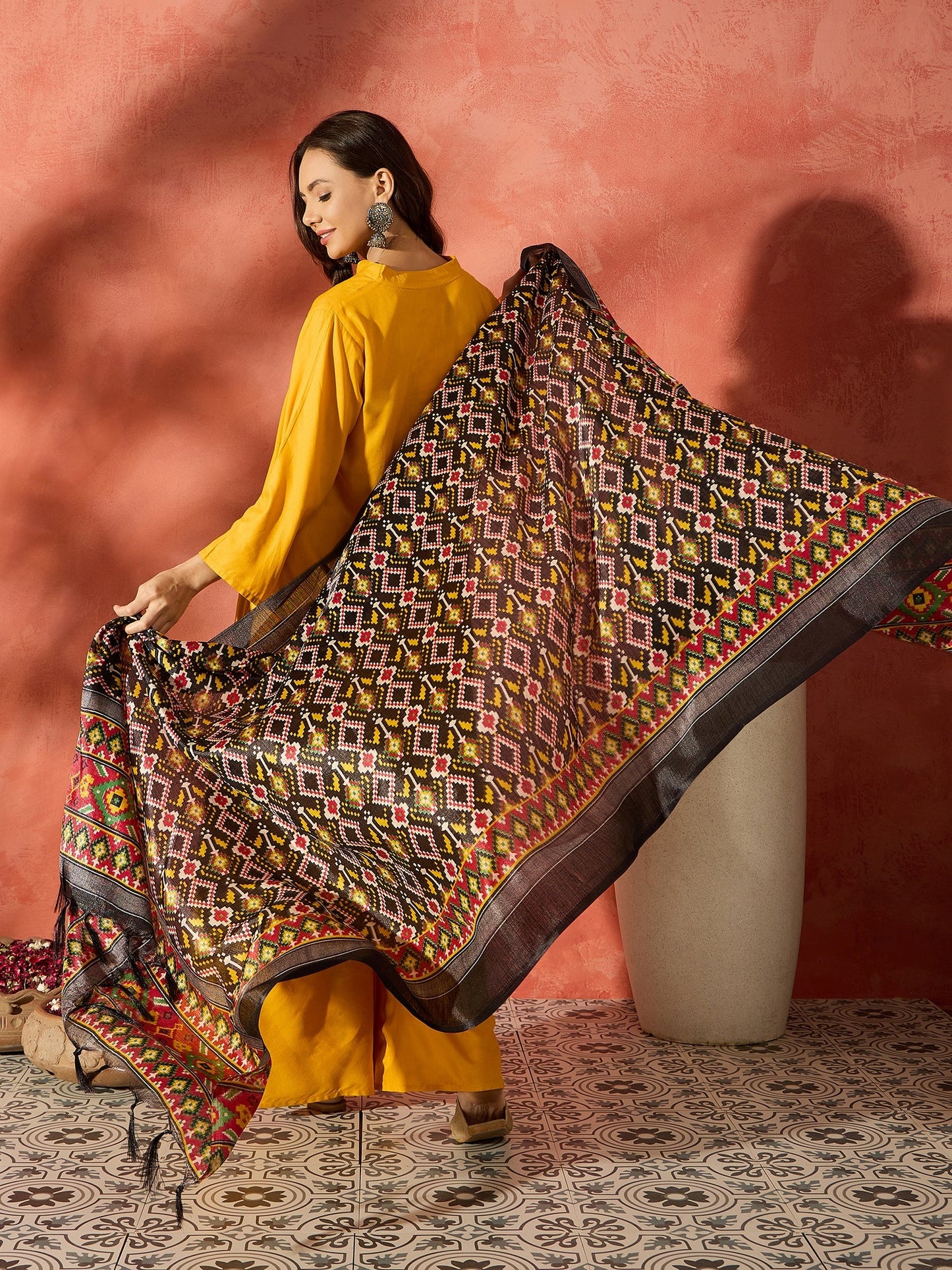 InWeave Mustard Mandarin Patola Kurta Set - Distacart