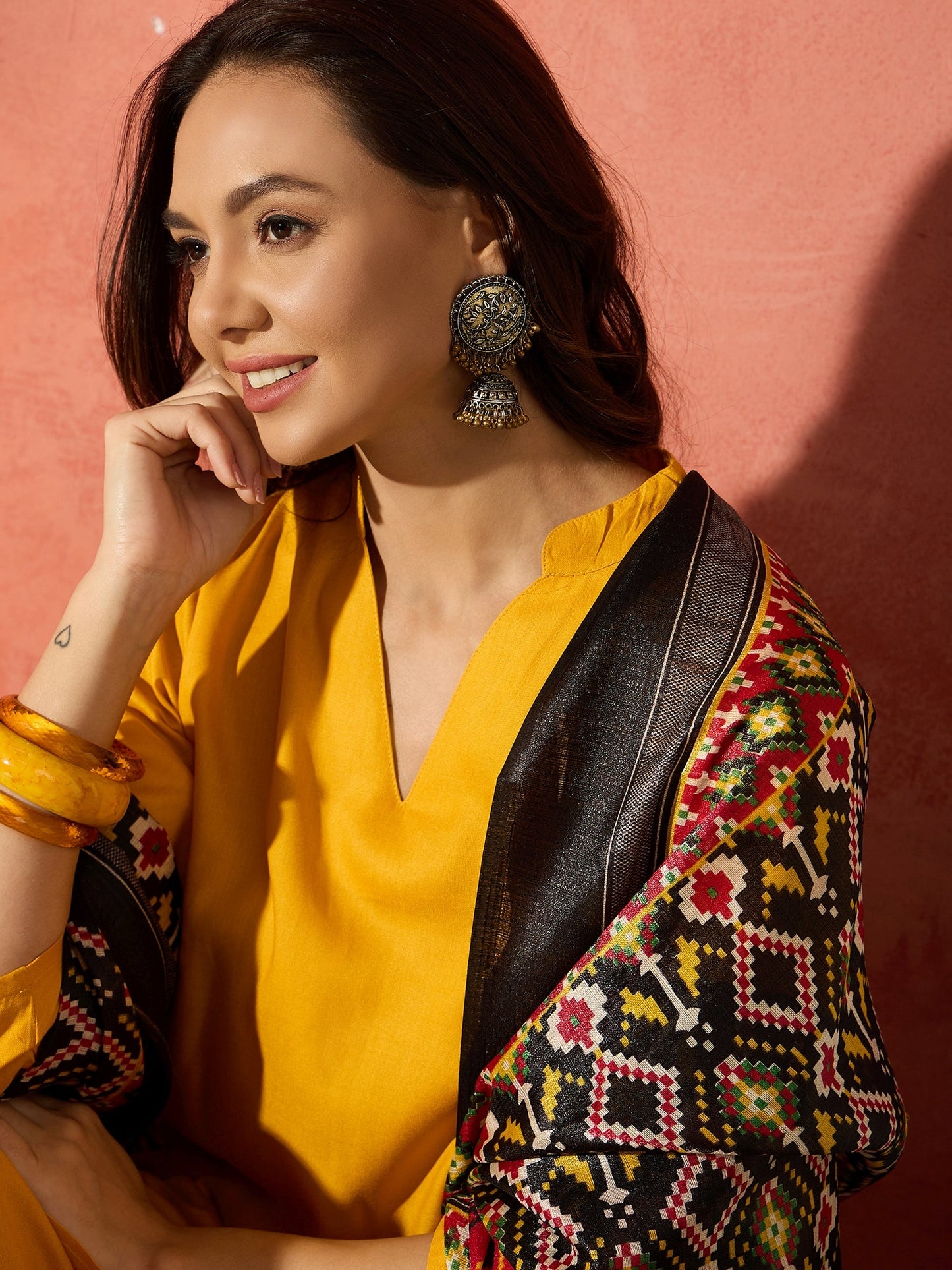 InWeave Mustard Mandarin Patola Kurta Set - Distacart