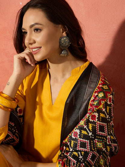 InWeave Mustard Mandarin Patola Kurta Set - Distacart