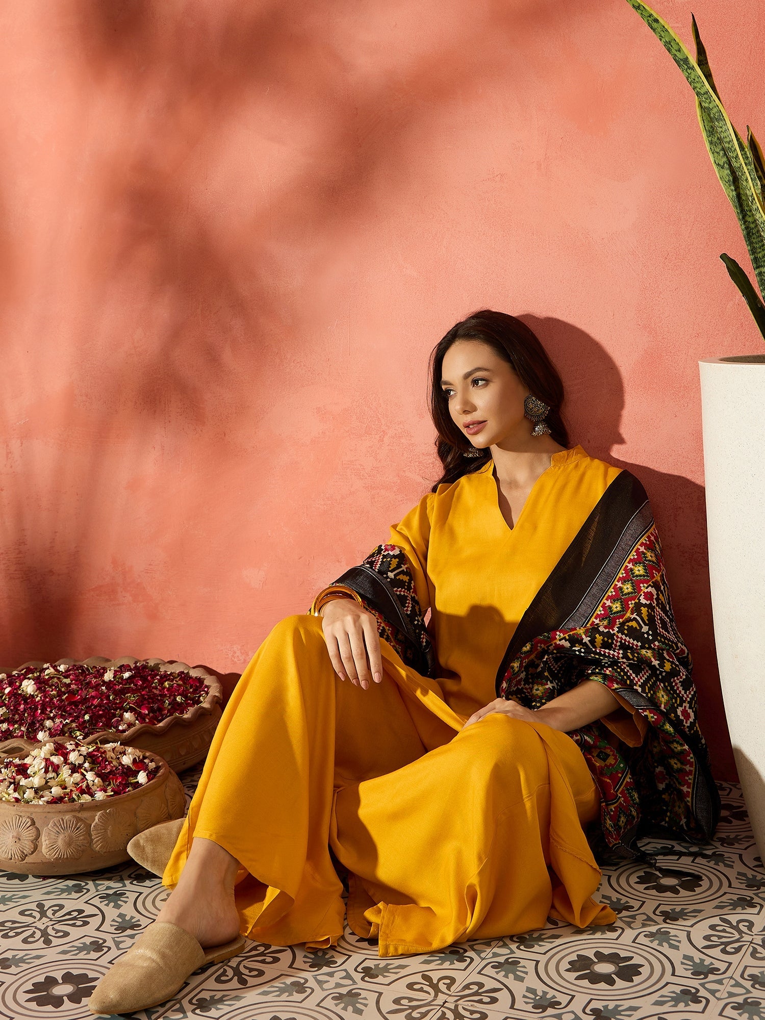 InWeave Mustard Mandarin Patola Kurta Set - Distacart