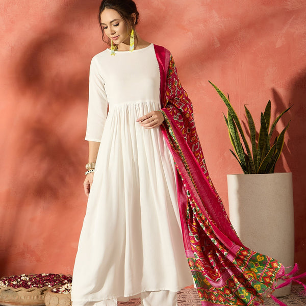 InWeave White Anarkali Patola Kurta Set - Distacart