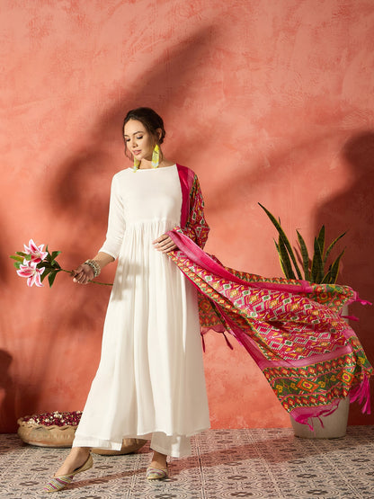 InWeave White Anarkali Patola Kurta Set - Distacart