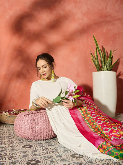 InWeave White Anarkali Patola Kurta Set - Distacart