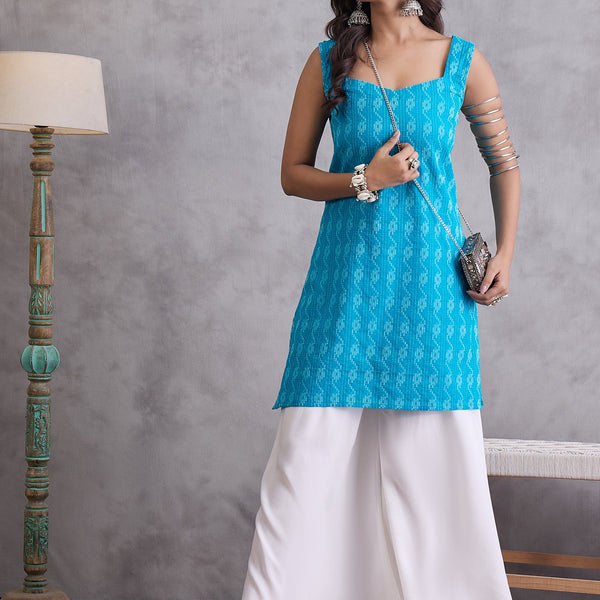 InWeave Cyan Blue Kantha Cream Palazzo Set - Distacart