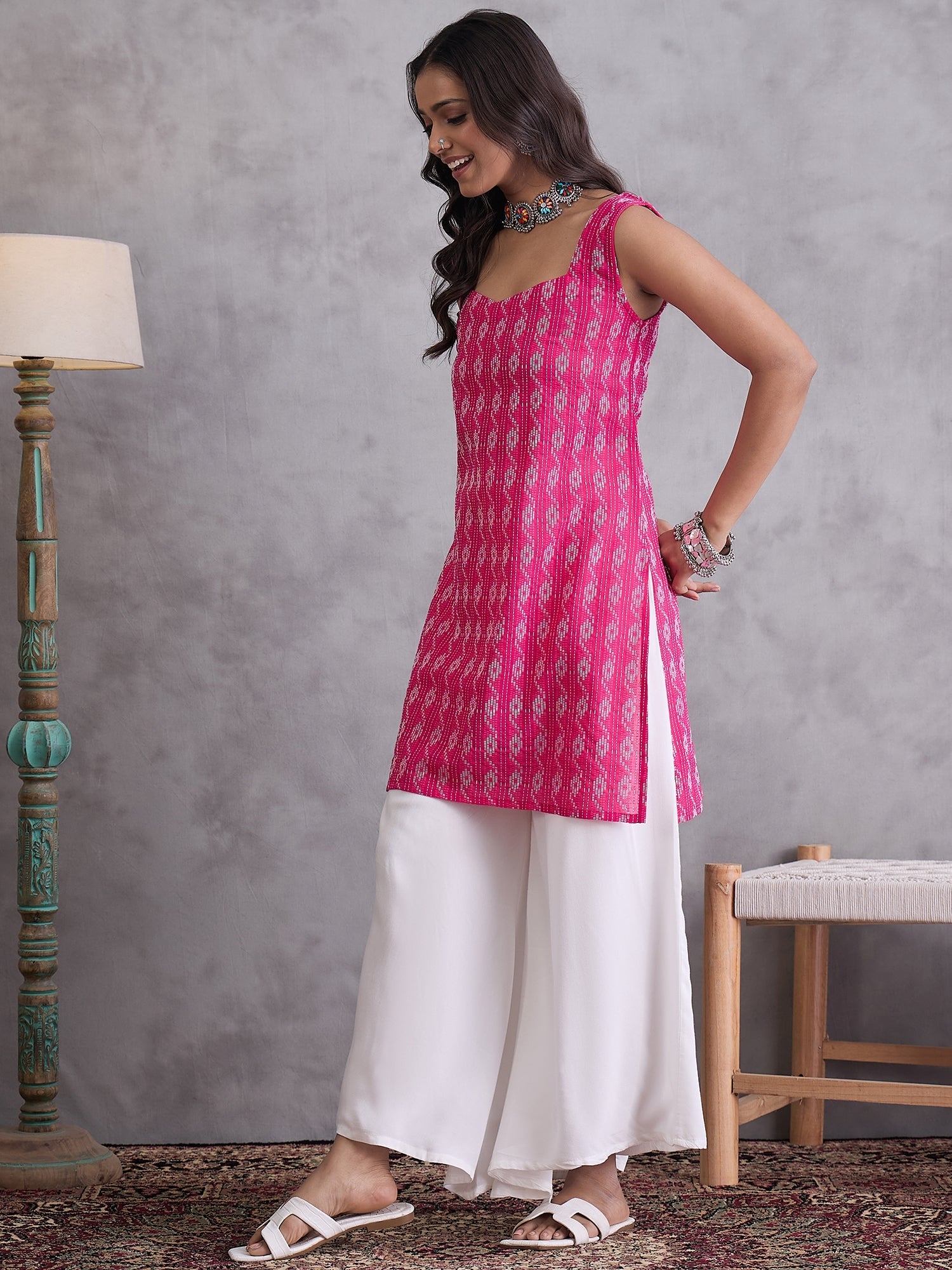 InWeave Fuchsia Kantha Cream Palazzo Set - Distacart
