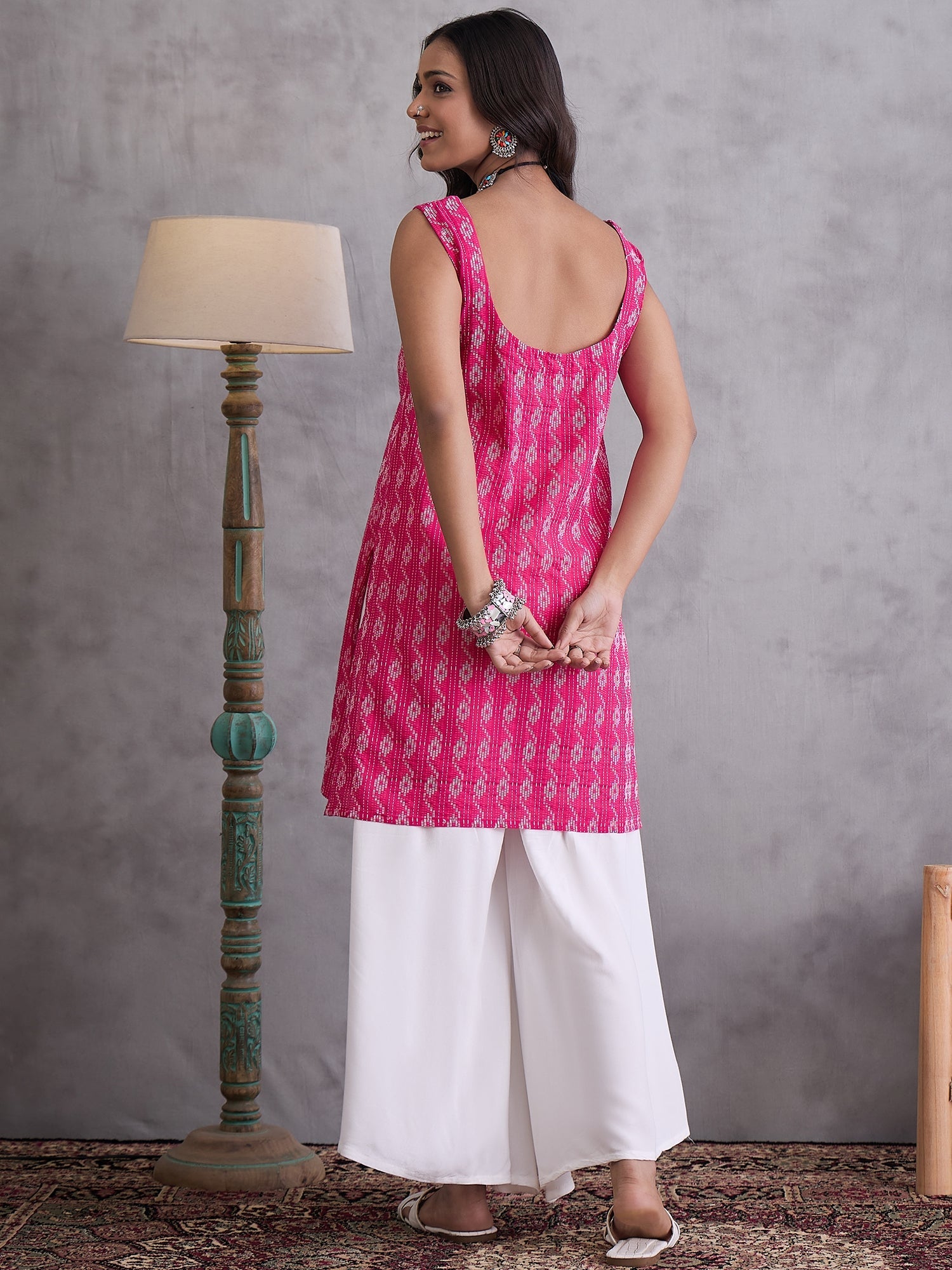 InWeave Fuchsia Kantha Cream Palazzo Set - Distacart