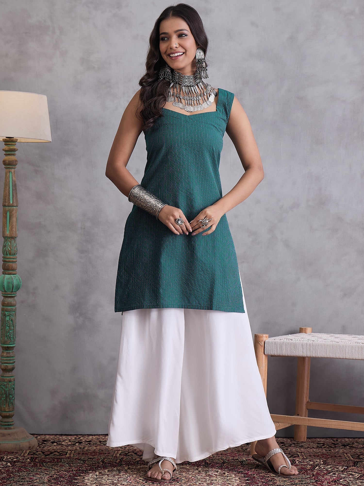 InWeave Emerald Green Kantha Cream Palazzo Set - Distacart