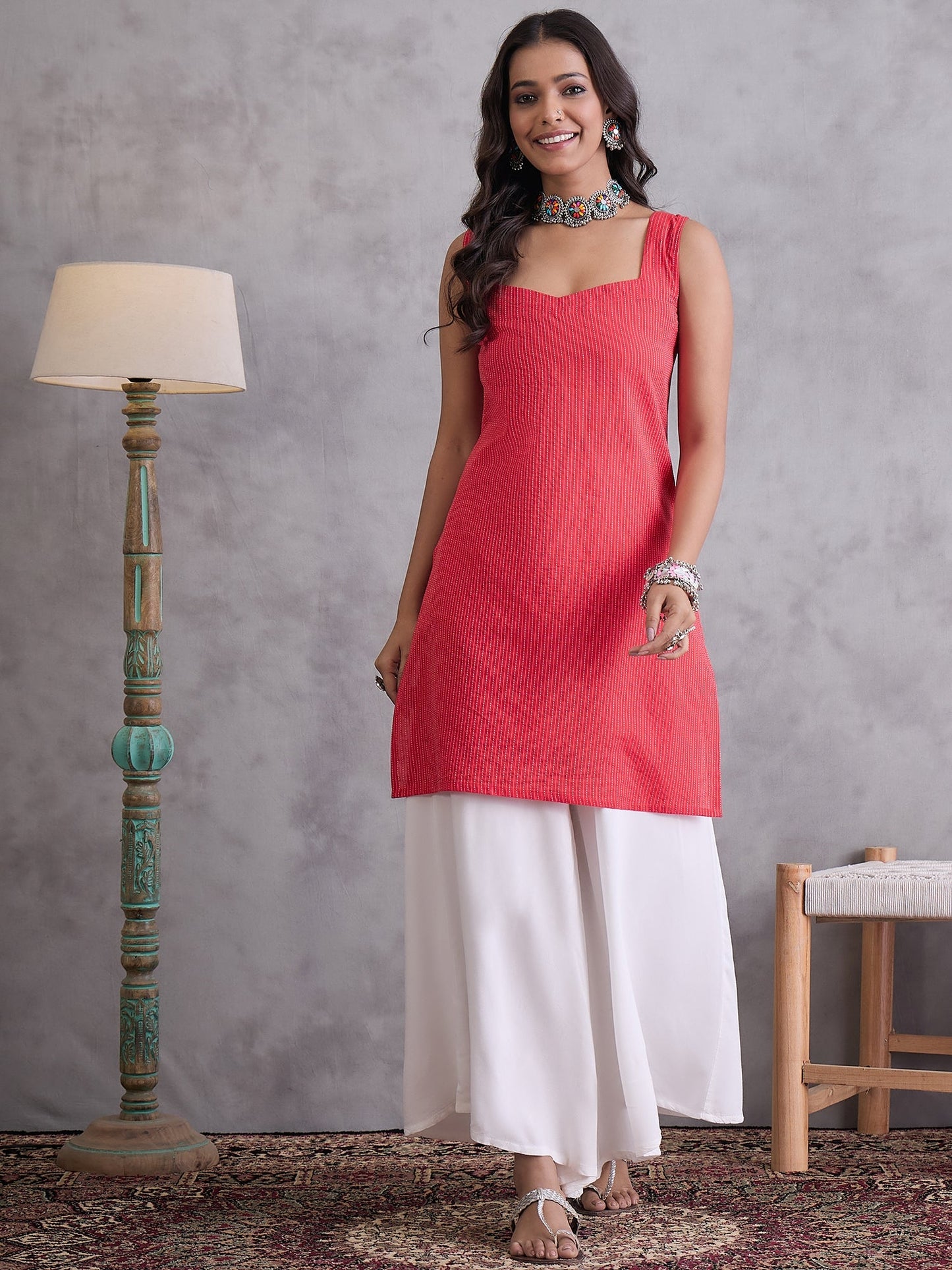 InWeave Red Kantha Cream Palazzo Set - Distacart