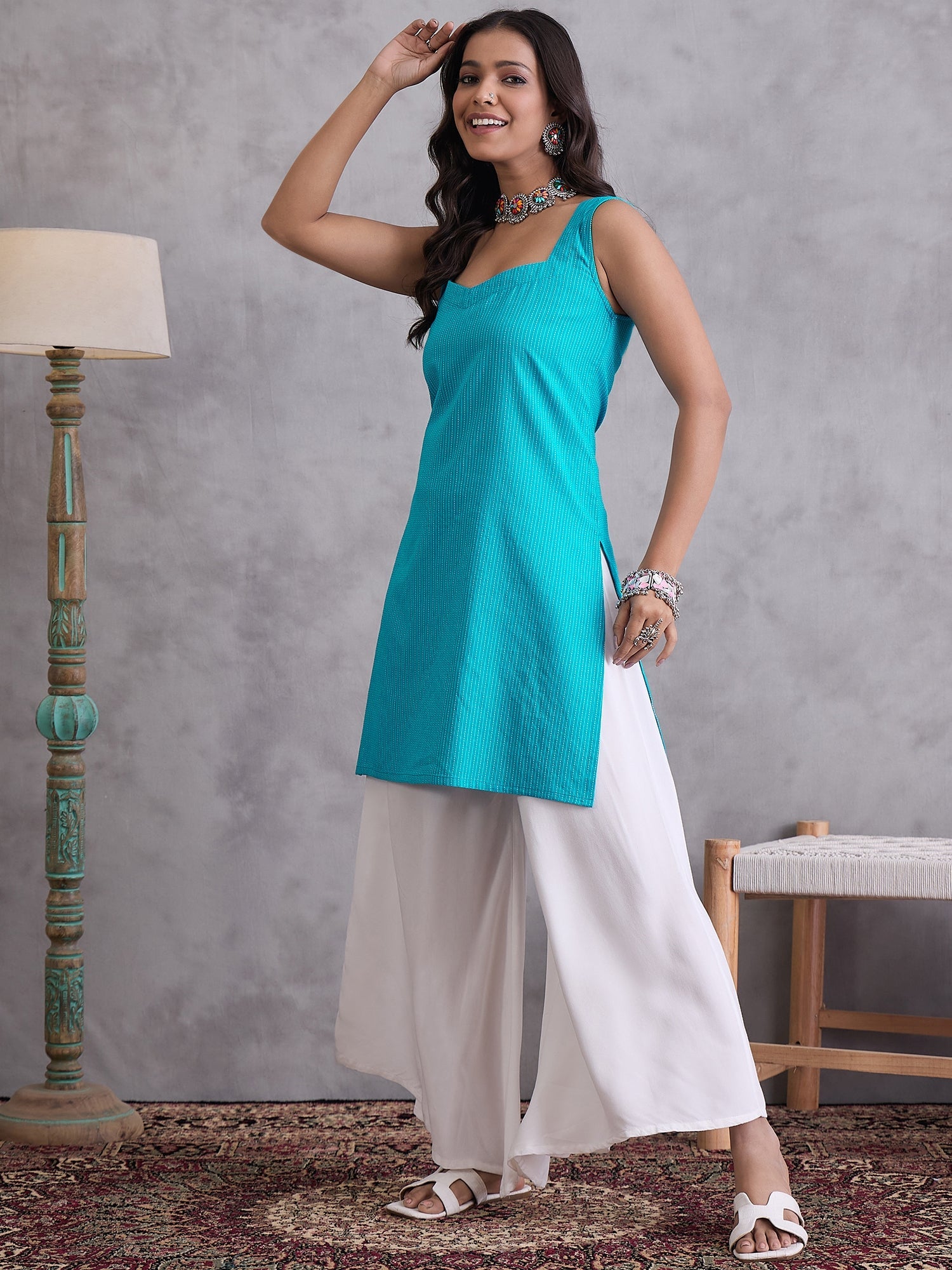 InWeave Cyan Blue Kantha Cream Palazzo Set - Distacart