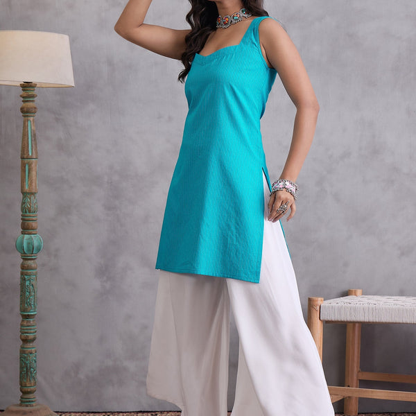 InWeave Cyan Blue Kantha Cream Palazzo Set - Distacart