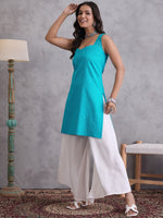 Thumbnail for InWeave Cyan Blue Kantha Cream Palazzo Set