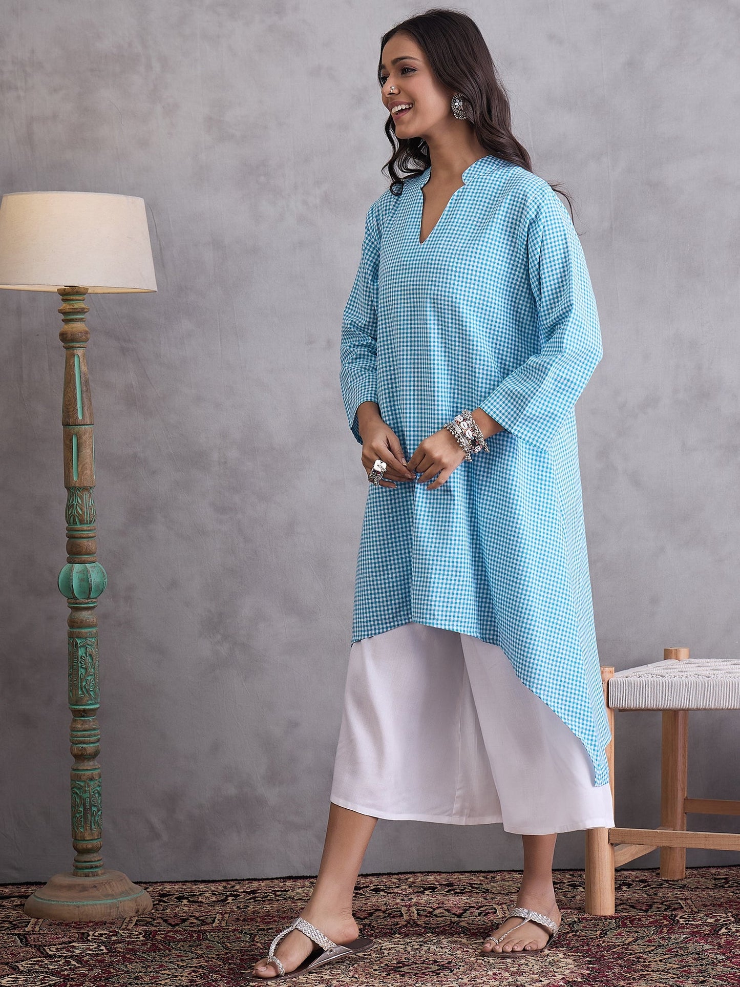 InWeave Cyan Blue Small Check Cream Palazzo Set - Distacart