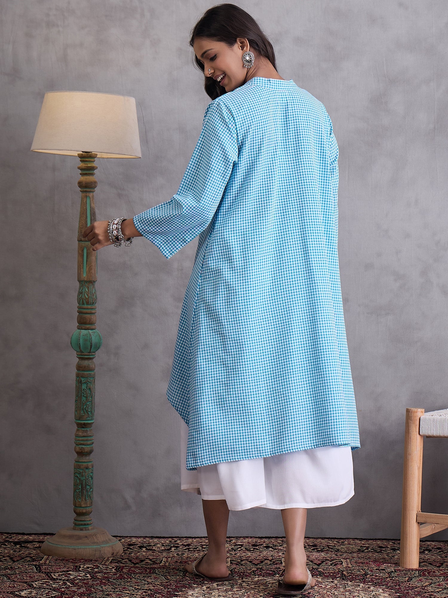 InWeave Cyan Blue Small Check Cream Palazzo Set - Distacart