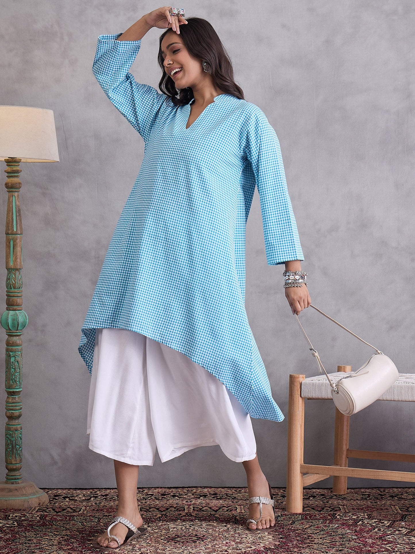InWeave Cyan Blue Small Check Cream Palazzo Set - Distacart