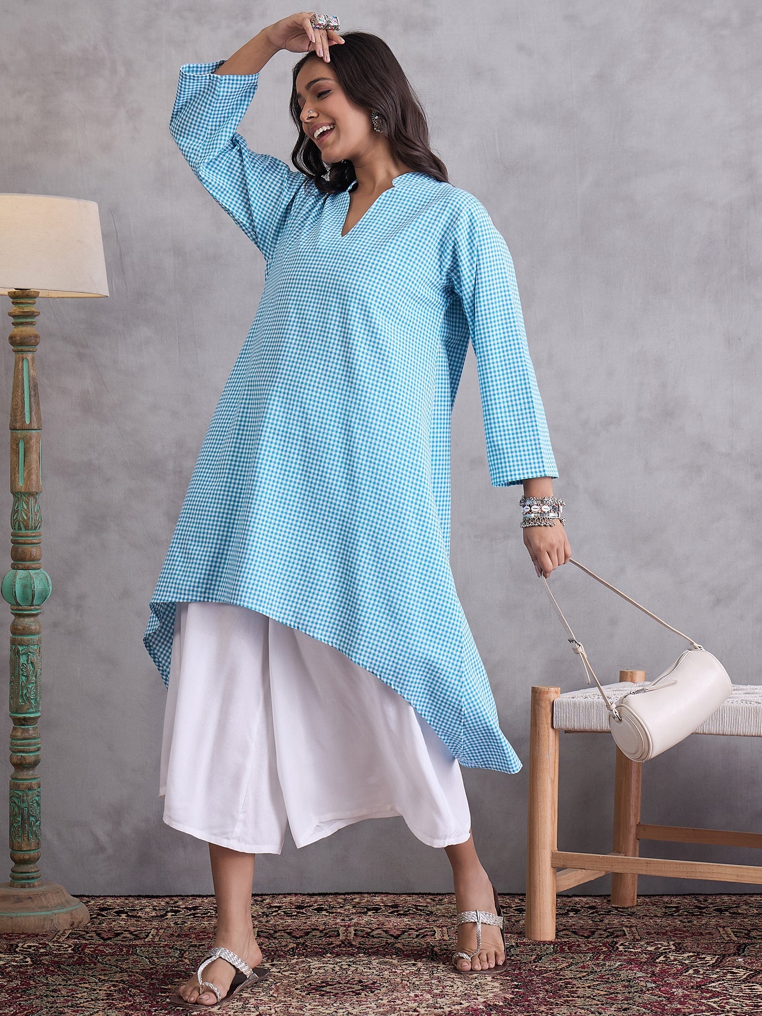 InWeave Cyan Blue Small Check Cream Palazzo Set - Distacart