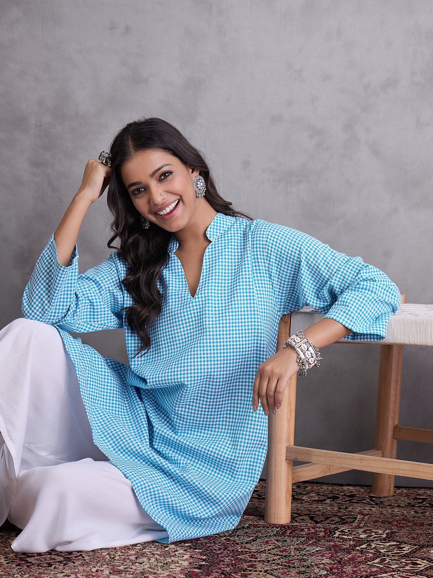 InWeave Cyan Blue Small Check Cream Palazzo Set - Distacart