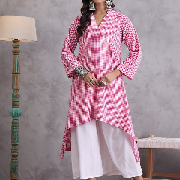 InWeave Pink Small Check Cream Palazzo Set - Distacart