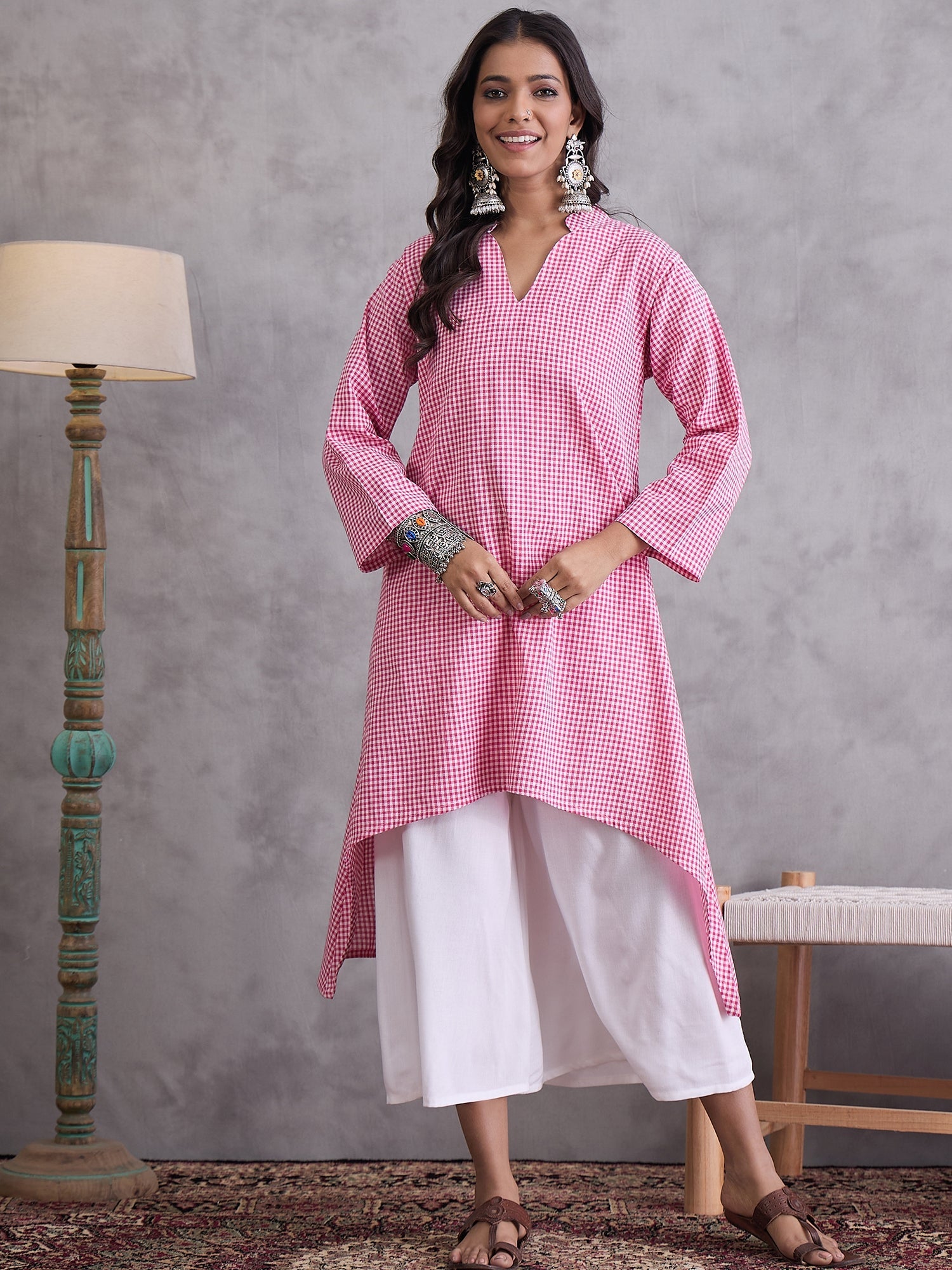 InWeave Pink Small Check Cream Palazzo Set - Distacart