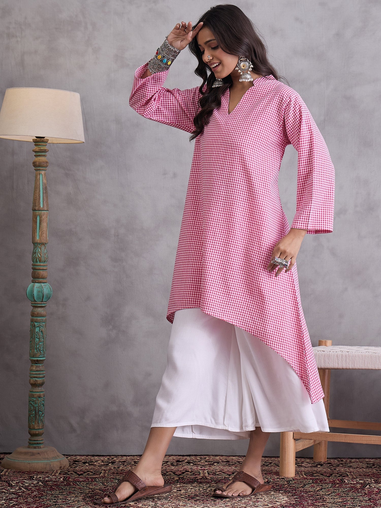 InWeave Pink Small Check Cream Palazzo Set - Distacart