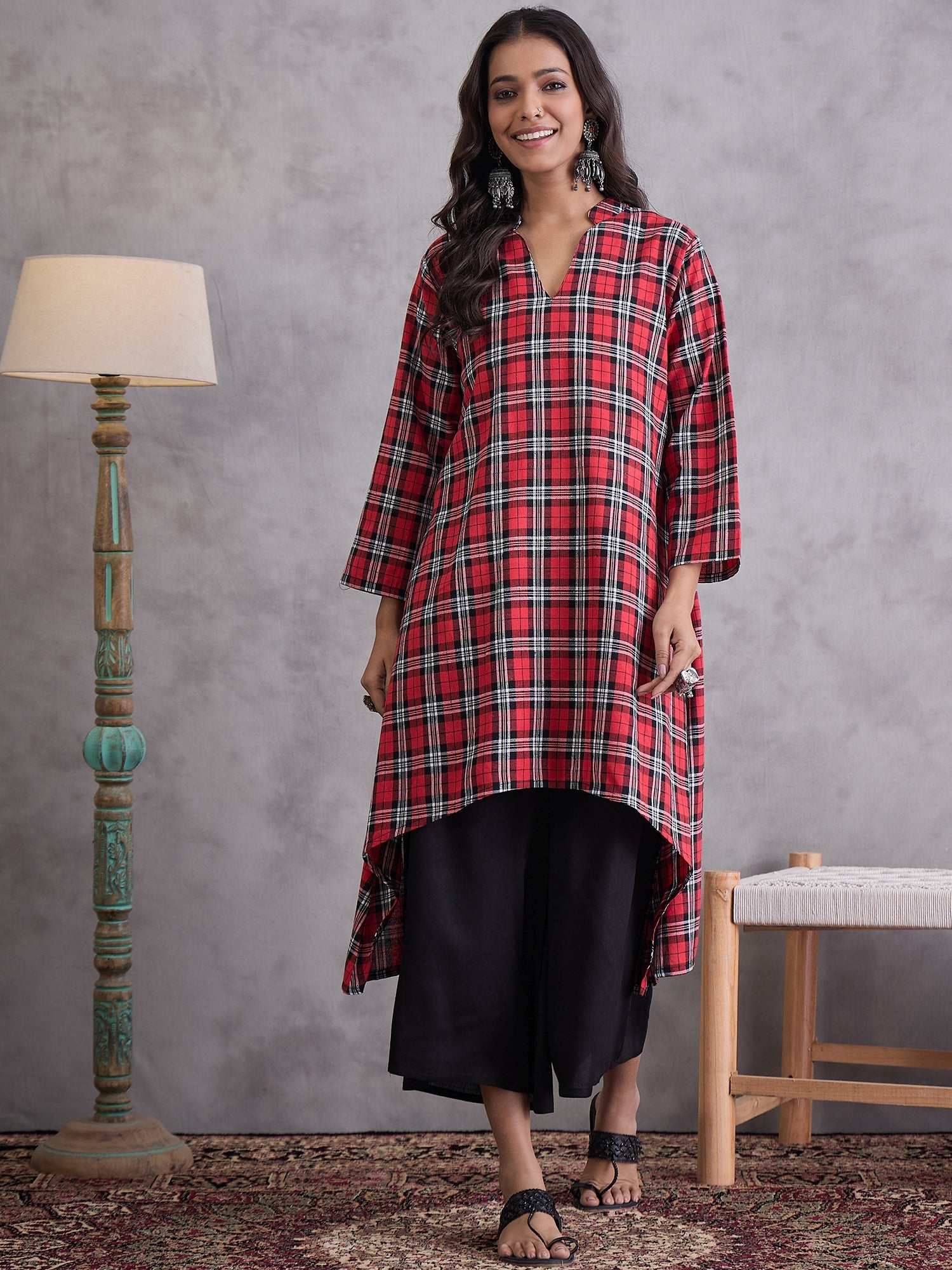 InWeave Red Black Check Black Palazzo Set - Distacart