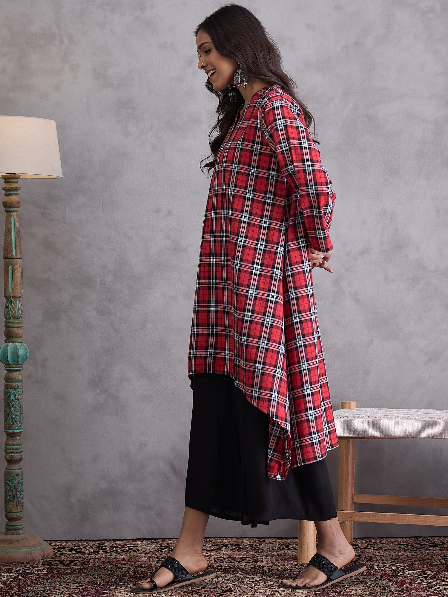 InWeave Red Black Check Black Palazzo Set - Distacart