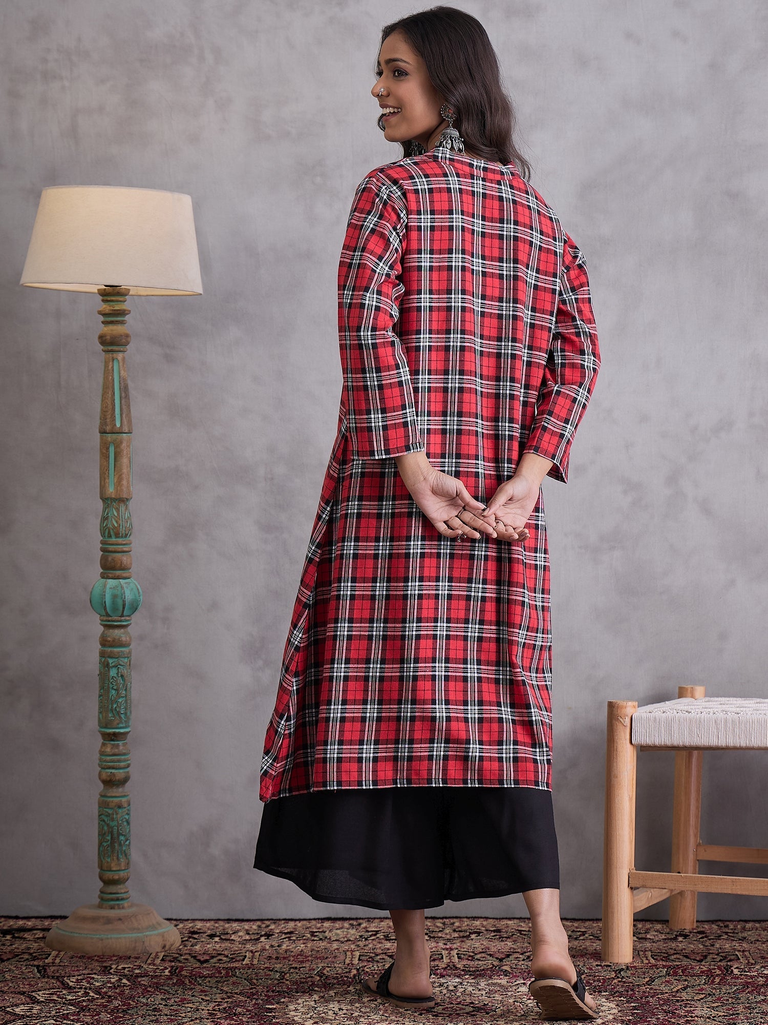 InWeave Red Black Check Black Palazzo Set