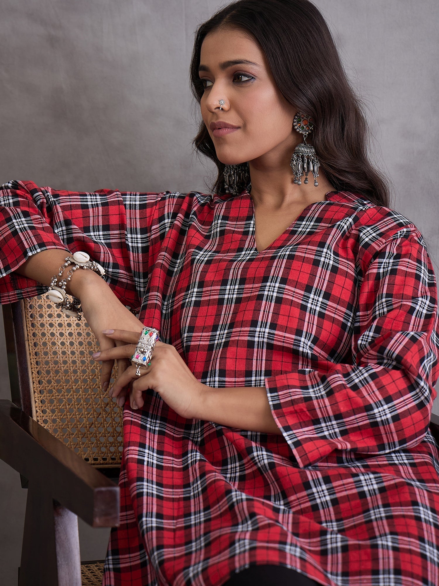 InWeave Red Black Check Black Palazzo Set