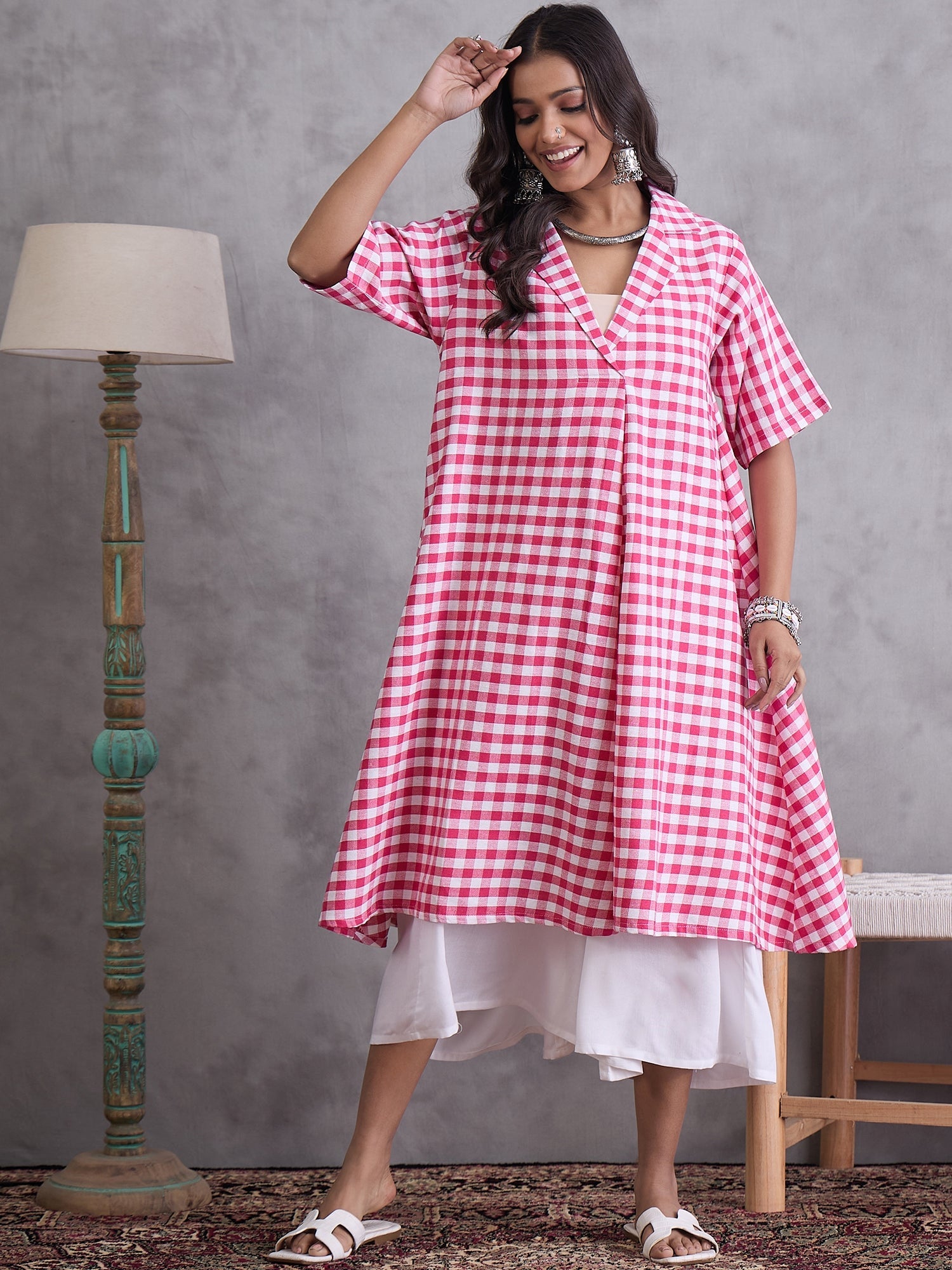 InWeave Pink Big Check Collar Palazzo Set - Distacart