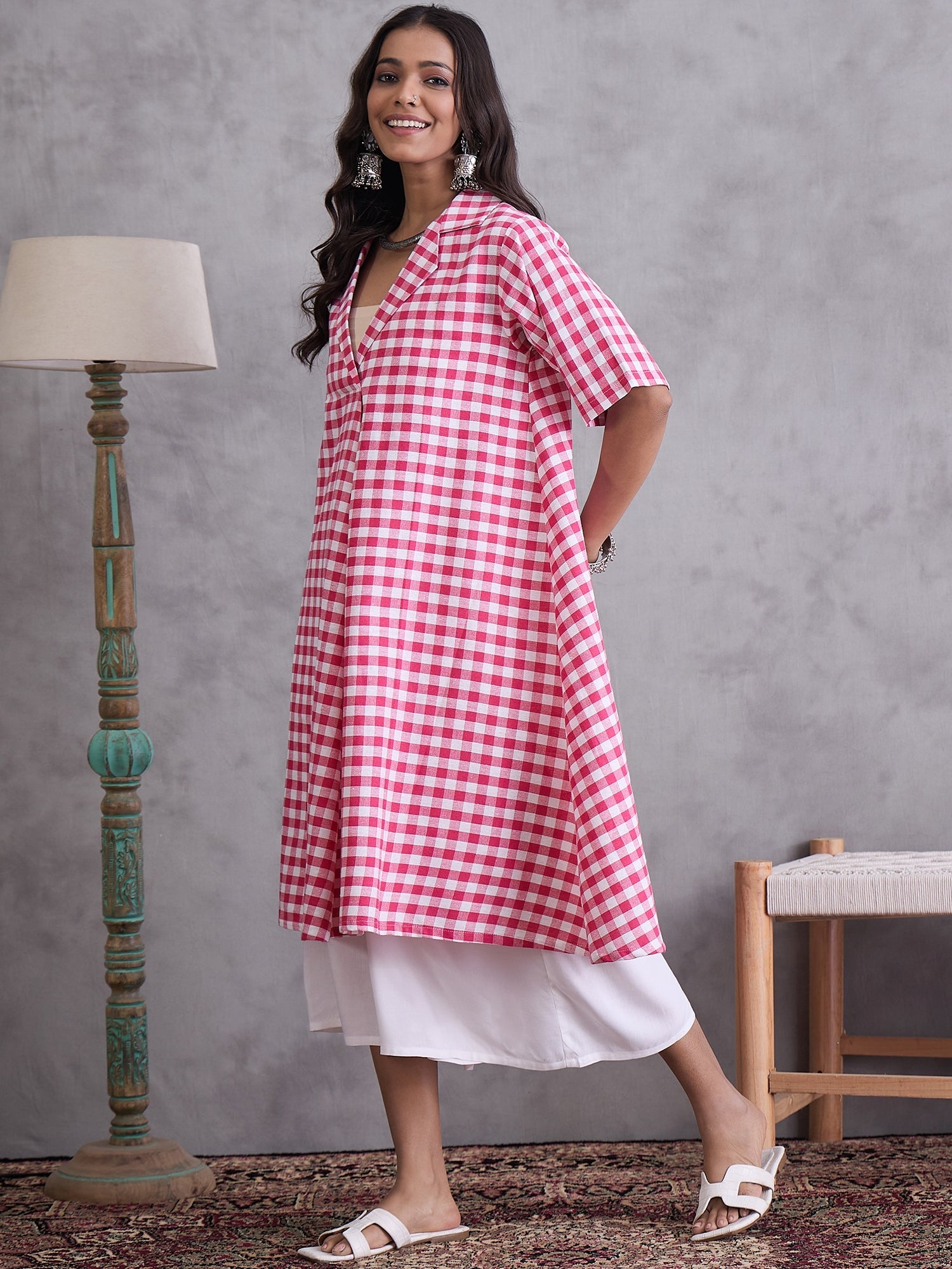 InWeave Pink Big Check Collar Palazzo Set - Distacart