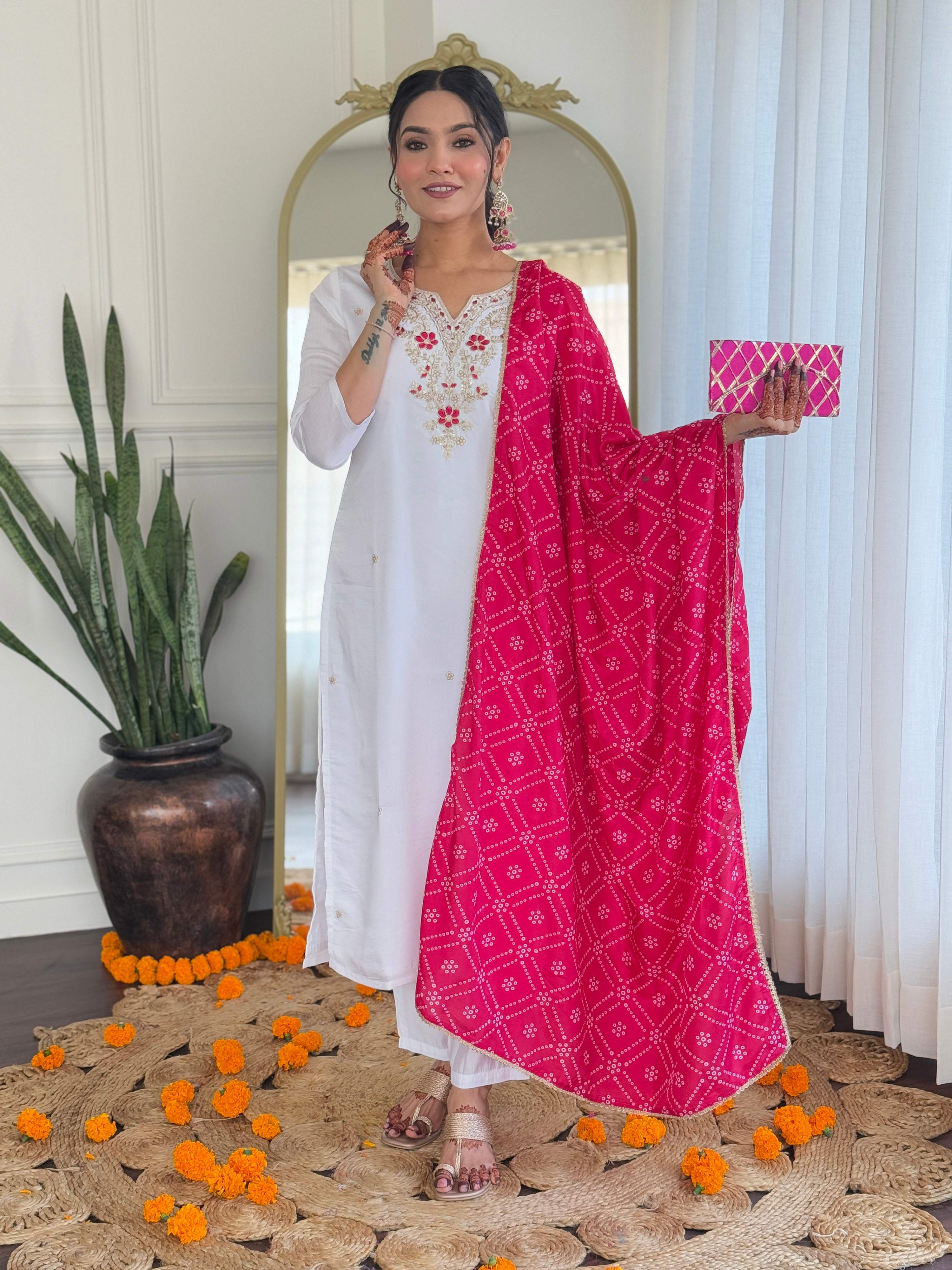 The52 Embroidered BSY Viscose Fabric Straight Kurta, Pant and Dupatta Set