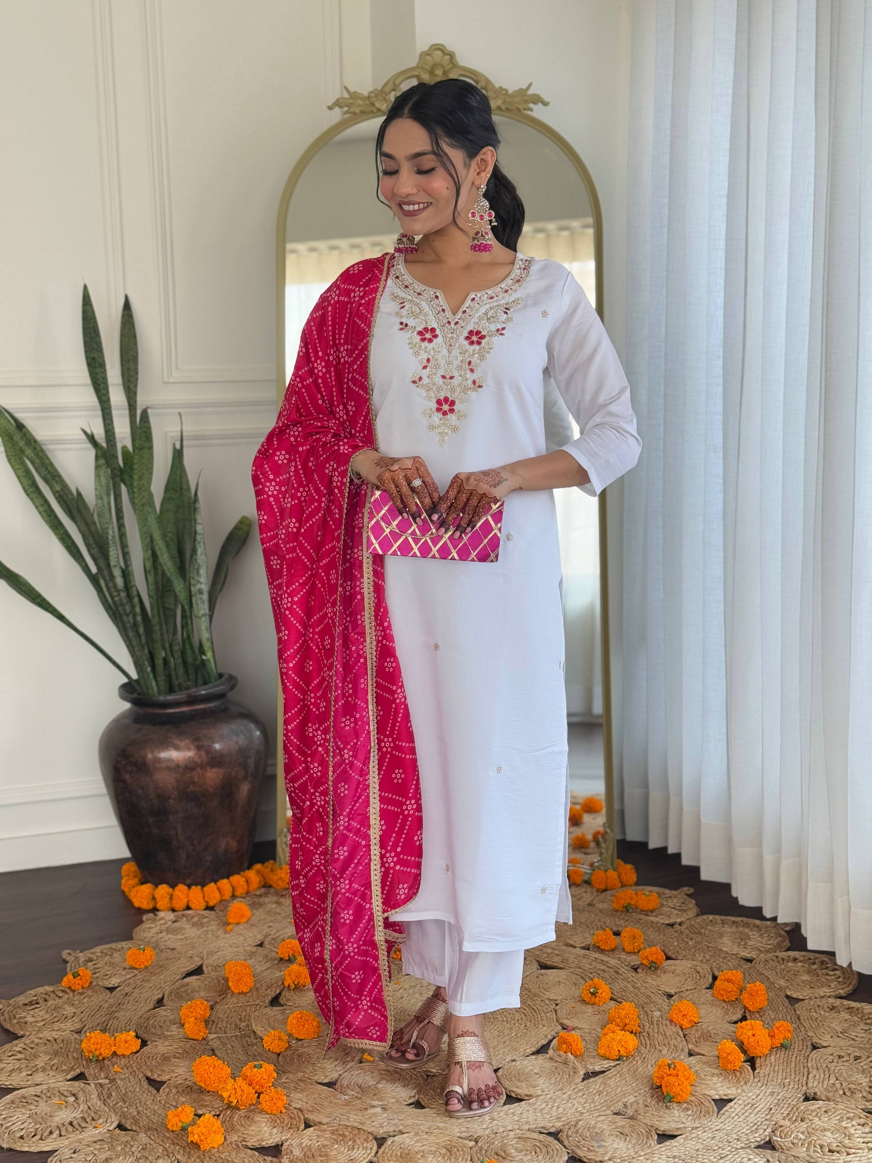 The52 Embroidered BSY Viscose Fabric Straight Kurta, Pant and Dupatta Set