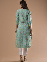 Thumbnail for Swasti Women Green Floral Printed Keyhole Neck Thread Work Floral Kurta - Distacart