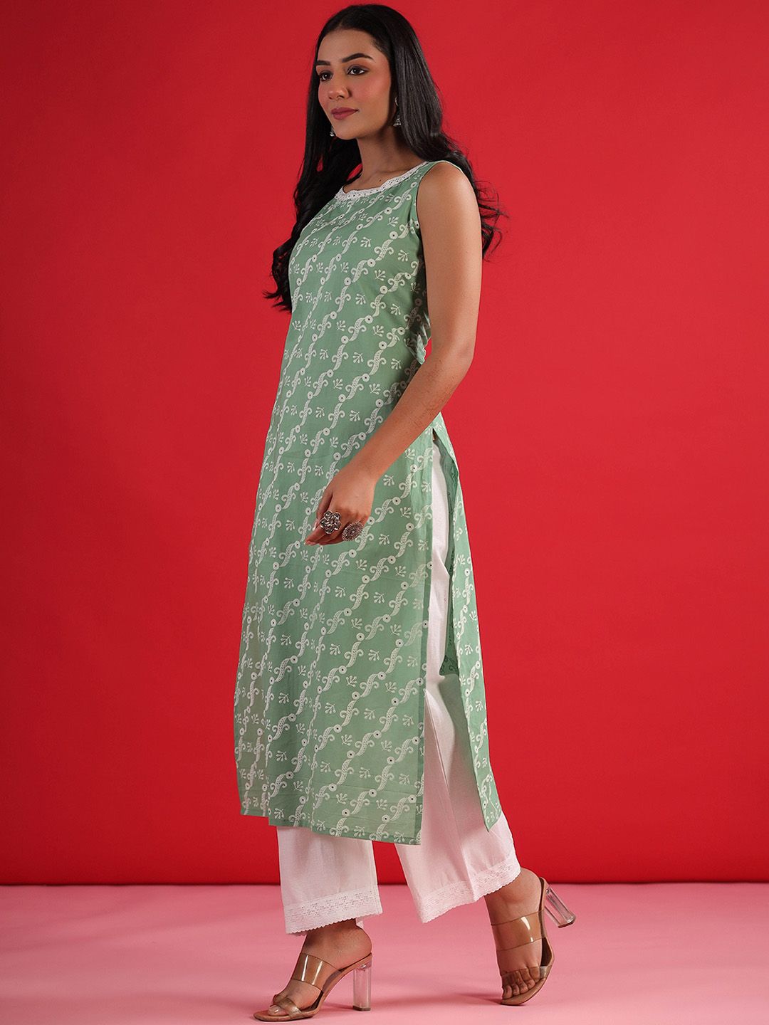 Indo Era Geometric Printed Round Neck Sleeveless Gotta Patti Cotton Straight Kurta