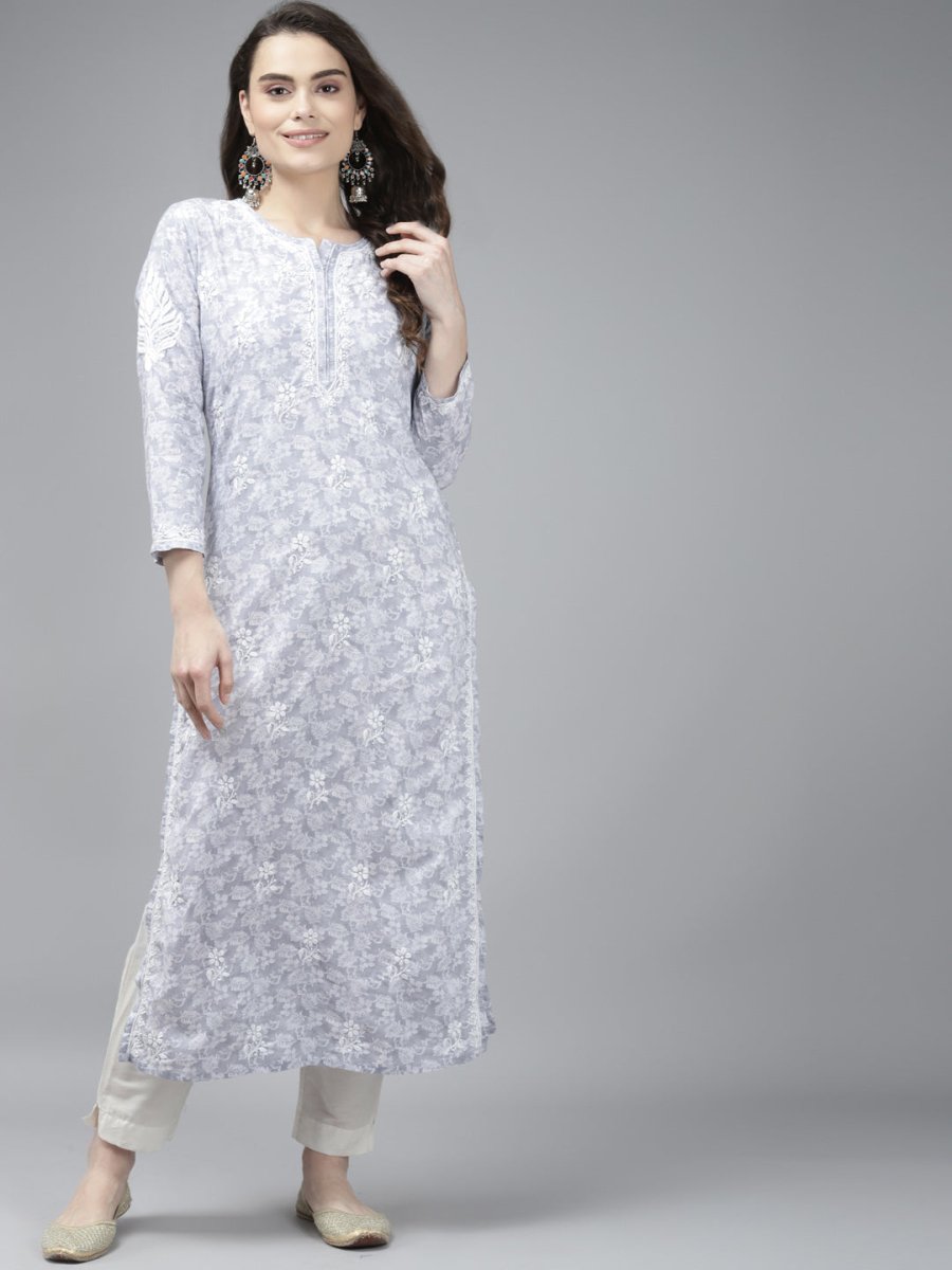 ADA Women Grey & White Floral Chikankari Cotton Handloom Kurta - Distacart