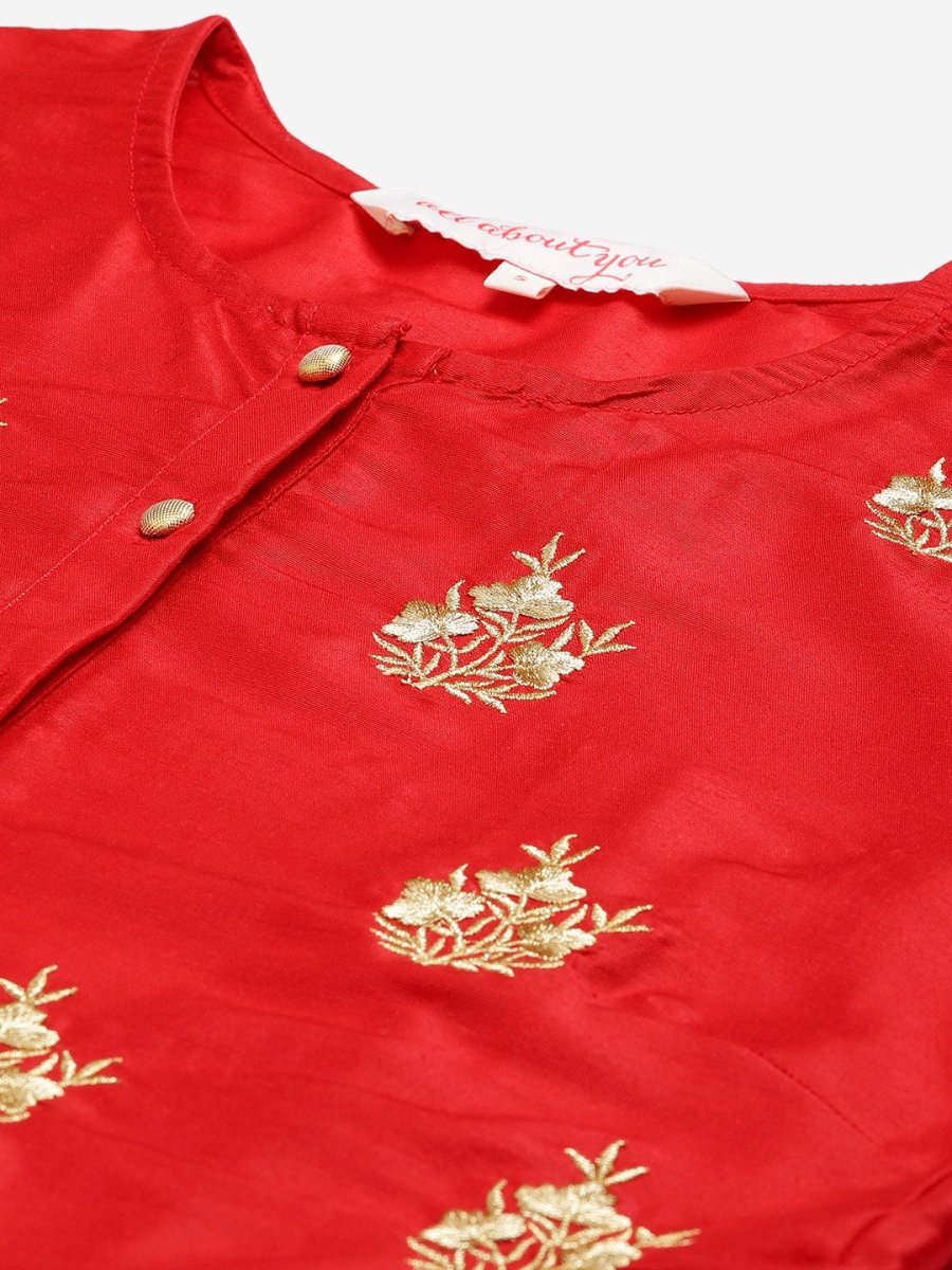 All About You Women Red & Orange Embroidered Yoke Design Kurta set with Dupatta - Distacart