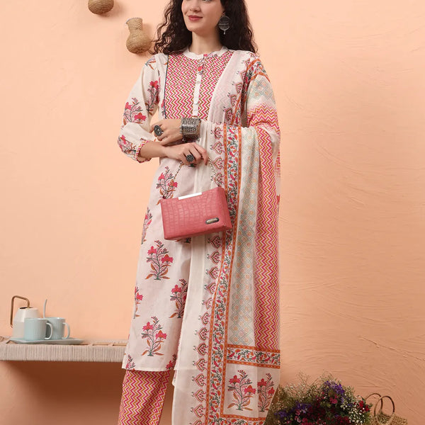 Yufta Cream Pure Cotton Kantha Work Kurta Dupatta Pant Set - Distacart
